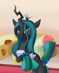 Size: 1282x1589 | Tagged: safe, artist:huffy26, queen chrysalis, changeling, changeling queen, g4, clothes, cupcake, female, food, socks, solo, stockings, striped socks, thigh highs