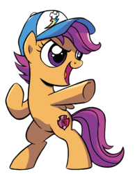 Size: 560x720 | Tagged: safe, artist:brenda hickey, edit, idw, scootaloo, pegasus, pony, g4, spoiler:comic, spoiler:comicspiritoftheforest01, background removed, cap, cropped, cute, cutealoo, female, filly, foal, hat, rearing, simple background, solo, transparent background