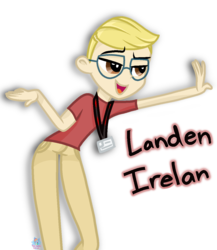 Size: 1056x1215 | Tagged: safe, artist:rainbow eevee, oc, oc only, oc:landen irelan, equestria girls, g4, base used, blonde, clothes, equestria girls-ified, glasses, lanyard, male, simple background, solo, white background