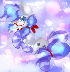Size: 1300x1328 | Tagged: safe, artist:fluffire, oc, oc only, oc:cinnabyte, earth pony, pony, bandana, cinnabetes, clothes, cute, earth pony oc, female, glasses, heart, letter, love letter, mare, mouth hold, neckerchief, pigtails, socks, solo, striped socks