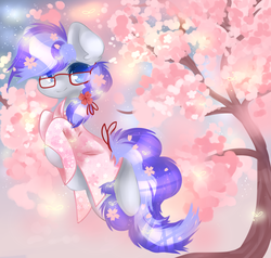 Size: 2869x2729 | Tagged: safe, artist:fluffire, oc, oc only, oc:cinnabyte, earth pony, pony, cherry blossoms, cherry blossoms trees, clothes, earth pony oc, female, flower, flower blossom, flower in hair, glasses, high res, japan, kimono (clothing), mare, solo