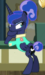 Size: 352x586 | Tagged: safe, screencap, princess luna, alicorn, pony, between dark and dawn, g4, alternate hairstyle, animated, bare hooves, cheek squish, clothes, cropped, eyebrow wiggle, eyeshadow, female, folded wings, gif, hair bun, hawaiian shirt, looking at something, makeup, mare, out of context, post office, raised eyebrow, squishy cheeks, tail bun, that pony sure does love the post office, wings