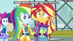 Size: 800x450 | Tagged: safe, edit, edited screencap, screencap, rainbow dash, rarity, sunset shimmer, twilight sparkle, equestria girls, g4, my little pony equestria girls: friendship games, caption, female, image macro, text