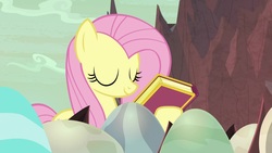 Size: 1920x1080 | Tagged: safe, screencap, fluttershy, pony, g4, sweet and smoky, book, egg, female, mare, solo