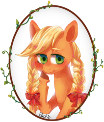Size: 800x943 | Tagged: safe, artist:akiiri, applejack, earth pony, pony, g4, alternate hairstyle, bow, braid, bust, colored hooves, cute, female, hair bow, hatless, jackabetes, mare, missing accessory, portrait, solo