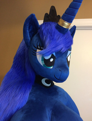 Size: 2448x3204 | Tagged: safe, artist:qtpony, princess luna, alicorn, anthro, g4, anthro plushie, beautiful, breasts, cleavage, crown, female, high res, horn, horn ring, irl, jewelry, photo, plushie, ponytail, regalia, solo