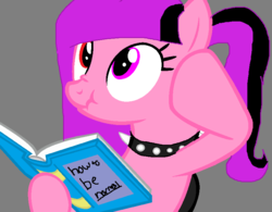 Size: 828x646 | Tagged: safe, artist:33dark, oc, oc only, pony, book, cute, female, gray background, heterochromia, how to be normal, mind blown, ponytail, reading, scrunchy face, simple background, solo