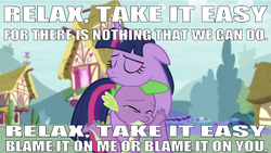 Size: 640x362 | Tagged: safe, edit, edited screencap, editor:undeadponysoldier, screencap, spike, twilight sparkle, alicorn, dragon, pony, castle sweet castle, g4, caption, crying, eyes closed, female, house, hug, image macro, lyrics, male, mare, mika, ponyville, poor spike, relax take it easy, song reference, spikelove, text, tree, twilight sparkle (alicorn)