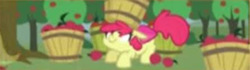 Size: 448x125 | Tagged: safe, apple bloom, earth pony, pony, game:the super speedy cider squeezy 6000, g4, the super speedy cider squeezy 6000, apple, apple tree, basket, basket on head, catching, cute, female, filly, food, low quality, solo, tree