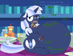 Size: 4628x3536 | Tagged: safe, artist:steampunk-brony, artist:zeldafan777, edit, part of a set, oc, oc only, oc:silverlay, original species, umbra pony, unicorn, series:bloated silvie collection, adorafatty, belly, big belly, bloated, burp, chubby, cute, eating, fat, female, floppy ears, gross, hiccup, huge belly, impossibly large belly, jar, junk food, large belly, mare, messy, messy eating, morbidly obese, obese, ocbetes, onomatopoeia, overeating, overweight, plate, silvabetes, silverlard, sitting, soda, squishy, squishy belly, stomach noise, stuffed, stuffed belly, text, that pony sure does love cakes, that pony sure does love eating, weight gain