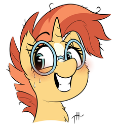 Size: 2748x3000 | Tagged: safe, artist:fakskis, sunburst, pony, unicorn, g4, blushing, chest fluff, cute, female, glasses, grin, high res, horn, mare, messy mane, raised eyebrow, rule 63, rule63betes, simple background, smiling, solo, sunbetes, sunstone, sweat, white background