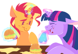 Size: 1280x894 | Tagged: safe, artist:jellynut, sunset shimmer, twilight sparkle, pony, unicorn, g4, burger, duo, eating, floppy ears, food, glowing horn, hay burger, horn, magic, messy eating, telekinesis, twilight burgkle