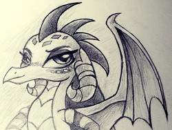 Size: 1917x1440 | Tagged: safe, artist:heavymetalbronyyeah, princess ember, dragon, g4, dragoness, female, grayscale, looking at you, monochrome, pencil drawing, simple background, solo, traditional art, white background