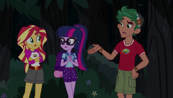 Size: 1280x720 | Tagged: safe, screencap, sci-twi, sunset shimmer, timber spruce, twilight sparkle, equestria girls, g4, my little pony equestria girls: legend of everfree, arms, camp everfree logo, camp everfree outfits, clothes, crossed arms, female, glasses, legs, male, ponytail, shorts