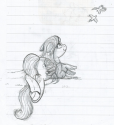 Size: 1029x1126 | Tagged: safe, artist:69beas, fluttershy, bird, pegasus, pony, rabbit, g4, female, folded wings, graph paper, lined paper, looking up, lying down, mare, monochrome, sketch, traditional art, underhoof, wings