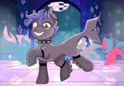 Size: 990x684 | Tagged: safe, artist:dbkit, oc, monster pony, original species, pony, shark pony, clothes, club, commission, dancing, fanfic art, fishnet stockings, solo focus, stockings, thigh highs