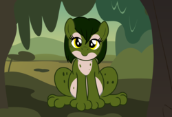 Size: 3300x2244 | Tagged: oc name needed, safe, artist:badumsquish, derpibooru exclusive, oc, oc only, frog, frog pony, monster pony, original species, pony, chubby, eyeshadow, female, forest, high res, looking at you, makeup, sitting, smiling, solo, spots, swamp, tree, zoology in the comments