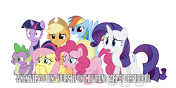 Size: 750x379 | Tagged: safe, editor:undeadponysoldier, screencap, applejack, fluttershy, pinkie pie, rainbow dash, rarity, spike, twilight sparkle, dragon, earth pony, pegasus, pony, unicorn, derpibooru, g4, disturbed, female, male, mane seven, mane six, mare, meme, meta, one of these things is not like the others, smiling