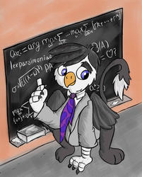 Size: 1536x1907 | Tagged: safe, alternate version, artist:parassaux, oc, oc only, oc:talon turing, griffon, fanfic:the iron horse: everything's better with robots, chalk, chalkboard, clothes, fancy mathematics, fanfic art, griffon oc, male, math, necktie, solo, suit