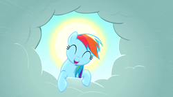 Size: 1920x1080 | Tagged: safe, screencap, rainbow dash, pegasus, pony, g4, the ticket master, cloud, eyes closed, female, halo, mare, smiling, solo, sun, wallpaper