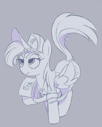 Size: 2800x3500 | Tagged: safe, derpy hooves, pony, g4, female, hat, high res, mailmare, mailmare hat, monochrome, raised tail, solo, tail