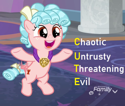 Size: 850x720 | Tagged: safe, edit, edited screencap, screencap, cozy glow, pegasus, pony, g4, school raze, acronym, cozybetes, cropped, cute, discovery family logo, female, filly, pure concentrated unfiltered evil of the utmost potency, solo