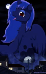 Size: 2500x4000 | Tagged: safe, artist:rockfannel, princess luna, alicorn, pony, g4, building, full moon, giant pony, house, macro, moon, neighborhood, night, open mouth, tail, tongue out