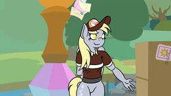 Size: 2517x1408 | Tagged: safe, artist:alexmichanikos, derpy hooves, anthro, g4, the point of no return, bottomless, clothes, featureless crotch, female, partial nudity, redraw, scene interpretation, show accurate clothing, solo