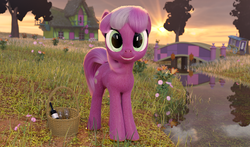 Size: 2031x1194 | Tagged: safe, artist:gabe2252, cheerilee, earth pony, pony, g4, 3d, alcohol, basket, blender, blender cycles, bridge, female, flower, grass, house, river, solo, tree, trixie's wagon, uncanny valley, wine