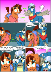 Size: 6271x8921 | Tagged: safe, artist:cactuscowboydan, oc, oc:air brakes, oc:nova reactor, earth pony, pegasus, pony, unicorn, comic:fusing the fusions, comic:the bastion of canterlot, booty inflation, butt, canterlot, canterlot castle, cape, clothes, comic, commissioner:bigonionbean, conductor hat, conjoined, cutie mark fusion, dialogue, fat ass, forced, fuse, fused, fusion, fusion:caboose, fusion:promontory, fusion:sunburst, glasses, goggles, gymnasium, hat, jiggle, magic, male, merge, merging, out of control magic, plot, potion, scarf, shirt, shocked, short tail, stallion, surprised, swelling, tail wag, talking to themself, the ass was fat, thick, uniform, wide hips, wonderbolts, wonderbolts uniform, writer:bigonionbean