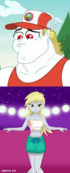Size: 2705x6652 | Tagged: safe, artist:danielitamlp, edit, edited screencap, screencap, bulk biceps, derpy hooves, equestria girls, equestria girls series, g4, my little pony equestria girls: legend of everfree, spring breakdown, spoiler:eqg series (season 2), belly button, breasts, clothes, cropped, ear piercing, earring, female, hat, jewelry, looking at you, male, piercing, ship:derpybulk, shipping, shipping domino, smiling, straight, swimsuit, tank top