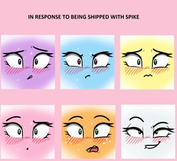 Size: 3936x3568 | Tagged: safe, artist:captainpudgemuffin, edit, applejack, fluttershy, pinkie pie, rainbow dash, rarity, twilight sparkle, g4, blushing, dreamworks face, female, freckles, high res, implied shipping, implied sparity, implied spike, implied straight, mane six, shipping, smiling, varying degrees of want
