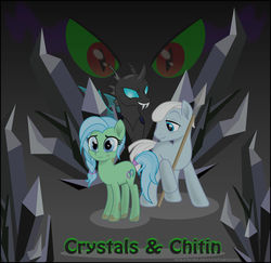 Size: 900x873 | Tagged: safe, artist:dolenore, oc, oc only, oc:carina, oc:double time, oc:warden, changeling, crystal pony, pony, fanfic:crystals & chitin, black crystal, fanfic, fanfic art, fanfic cover, female, mare, spear, weapon