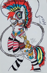 Size: 1951x2986 | Tagged: safe, artist:boyoxhot, pony, fangs, female, indonesia, kuda lumping, mare, ponified, traditional art, whip