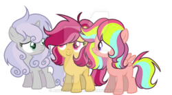 Size: 600x332 | Tagged: dead source, safe, artist:rainbows-skies, oc, oc only, earth pony, pegasus, pony, unicorn, deviantart watermark, female, filly, obtrusive watermark, offspring, parent:apple bloom, parent:chipcutter, parent:rainbow harmony, parent:scootaloo, parent:tender taps, parents:chipbelle, parents:tenderbloom, simple background, transparent background, watermark