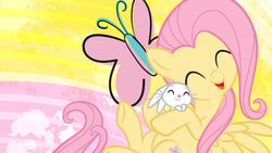 Size: 2560x1440 | Tagged: safe, angel bunny, fluttershy, g4, official, cute, fluttershy month, shyabetes, wallpaper