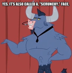 Size: 491x500 | Tagged: safe, edit, edited screencap, screencap, iron will, minotaur, g4, putting your hoof down, caption, cropped, horns, image macro, male, necktie, scrunchy face, solo, text