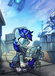 Size: 2200x3000 | Tagged: safe, artist:jedayskayvoker, oc, oc only, oc:save state, pony, unicorn, borderlands, clothes, crossover, high res, male, scenery, sitting, smiling, tedore (borderlands), video game crossover