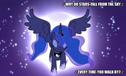 Size: 829x500 | Tagged: safe, edit, edited screencap, screencap, princess luna, pony, bloom & gloom, g4, (they long to be) close to you, caption, close to you, female, image macro, isaac hayes, moon, sky, solo, song reference, stars, text, the carpenters