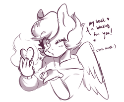 Size: 1593x1308 | Tagged: safe, artist:oranjicake, scootaloo, pegasus, anthro, g4, black and white, blowing a kiss, crossover, female, fire, grayscale, heart, looking at you, monochrome, one eye closed, scootaloo loves sans, simple background, solo, speech bubble, sweatshirt, undertale, white background, wink