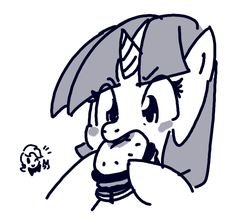 Size: 677x597 | Tagged: safe, artist:fipoki, twilight sparkle, pony, g4, black and white, blush sticker, blushing, burger, cute, eating, eye clipping through hair, eyebrows, eyebrows visible through hair, female, food, grayscale, mare, monochrome, nom, simple background, solo, twiabetes, twilight burgkle, white background