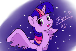 Size: 600x404 | Tagged: safe, artist:fipoki, twilight sparkle, alicorn, pony, g4, abstract background, blushing, female, happy, mare, open mouth, solo, spread wings, twilight sparkle (alicorn), wings