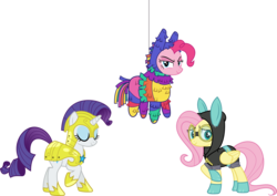 Size: 5371x3813 | Tagged: safe, artist:phucknuckl, fluttershy, pinkie pie, rarity, earth pony, pegasus, pony, unicorn, g4, sparkle's seven, armorarity, bunny ears, clothes, costume, dangerous mission outfit, eyes closed, female, goggles, hoodie, inkscape, looking at you, mare, pinkñata, raised hoof, royal guard rarity, simple background, transparent background, vector