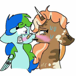 Size: 759x752 | Tagged: safe, anonymous artist, oc, oc only, oc:earth, oc:spotty lionmane, pegasus, pony, unicorn, bandaid, bandaid on nose, blushing, female, food, half body, horn, leonine tail, lesbian, looking away, mare, pocky, sharing, sharing food, shipping, shocked expression, spotearth, spots, sweat, two toned mane