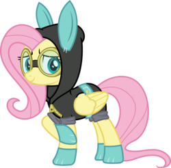Size: 1953x1925 | Tagged: safe, artist:phucknuckl, fluttershy, pegasus, pony, g4, sparkle's seven, bunny ears, clothes, costume, dangerous mission outfit, female, goggles, hoodie, inkscape, looking at you, mare, simple background, solo, transparent background, vector, zipper