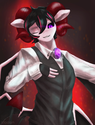 Size: 2200x2900 | Tagged: safe, artist:mopyr, oc, oc only, oc:damien clowlie, demon, demon pony, original species, anthro, black sclera, clothes, fingerless gloves, gloves, high res, horn, male, outfit, solo, wings