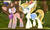 Size: 6500x3943 | Tagged: safe, artist:mistydash, oc, oc only, oc:grace fairweather, oc:misty dash, pony, unicorn, bow, bush, chest fluff, dialogue, female, forest, hair bow, hairband, leaning on the fourth wall, mare, mouth hold, saddle bag, tree