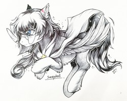 Size: 1280x1012 | Tagged: safe, artist:swaybat, oc, oc only, pegasus, pony, blue eyes, cape, clothes, glasses, long mane, male, partial color, signature, simple background, solo, stallion, white background