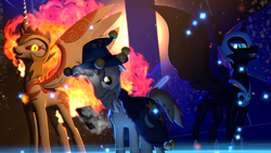 Size: 3840x2160 | Tagged: safe, artist:twilighlot, daybreaker, nightmare moon, star swirl the bearded, pony, g4, 3d, fire, high res, live wallpaper, magic, particles, source filmmaker, starswirl's book