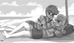 Size: 1500x868 | Tagged: safe, artist:johnjoseco, scootaloo, sweetie belle, human, g4, barefoot, beach, clothes, feet, female, full body, humanized, lesbian, monochrome, school uniform, ship:scootabelle, shipping